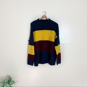 [Cliche] NavyYellow & Burgundy Colorblock Mock Neck Pullover Sweater